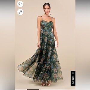 Lulus Green Floral Organza Tiered Dress Size XS